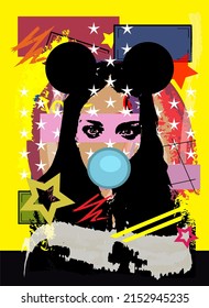 Sexy Girl With Mouse Ears And Chewing Gum, Pop Art Background