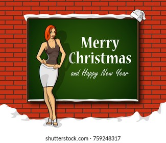 Sexy girl on bricks wall & blackboard "Merry Christmas and Happy New Year" banner. Sexy woman of school board banner. Lady on background Merry Christmas and Happy New Year poster. Greeting card poster