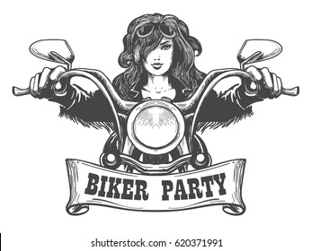 Sexy Girl Ride A Motorbike. Biker Party Poster Design. Vector Illustration