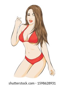 sexy girl show mini heart. red bikini dress. vector illustration isolated handrawn	
