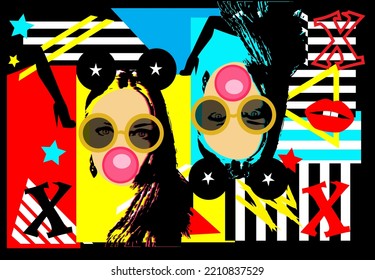 Sexy Girls With Mouse Ears And Chewing Gum, Pink Pop Art Background. Silhouette Legs, Graffiti Art.