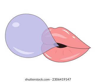 Sexy glänzende Lippen mit Gummiblase im Pop-Art-Stil. Der weibliche Mund bläst eine Kaugummi-Blase auf.