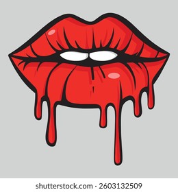 Sexy, glossy red lips. Vector illustration isolated on a white background. Sticker shoots of hot kisses with red lipstick.