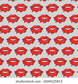 Sexy, glossy red lips. Vector illustration isolated on a white background. Sticker shoots of hot kisses with red lipstick. pattern