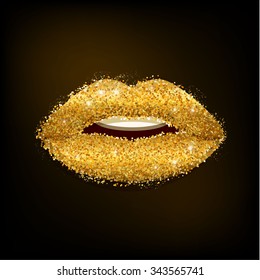 Sexy golden lips on black background. Vector illustration.