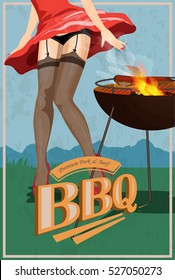 Sexy Grilling Woman. Pin Up Girl In Stockings Cooking BBQ. Funny Illustration. Vector