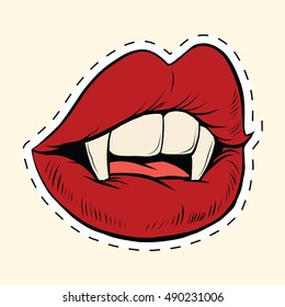 Sexy Halloween Vampire Mouth Female, Pop Art Retro Vector Illustration. Sharp Fangs Monster