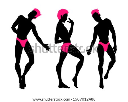 Sexy handsome men silhouettes dancing in underwear, stripper, go-go boy, gay club disco, neon colors, vector illustration