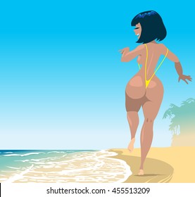 Sexy happy girl in a bikini on the beach. Background. Cartoon vector illustration