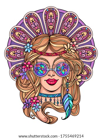 Sexy hippie girl  in glasses shows victory sign and peace and love. Vector colorful background in pop art retro comic style.  Symbol pacificism freedom and love

