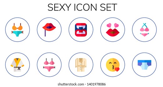 sexy icon set. 10 flat sexy icons.  Collection Of - bikini, bathrobe, lips, fangs, kiss, underwear
