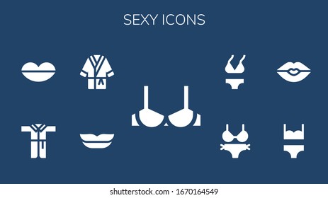 sexy icon set. 9 filled sexy icons. Included Brassiere, Lips, Bathrobe, Bikini, Kiss icons