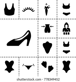 Sexy icons. set of 13 editable filled sexy icons such as animal fang, panties with heart, slim, eyelashes, casino girl, corset, sport bra, swim suit