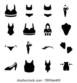 Sexy icons. set of 16 editable filled sexy icons such as animal fang, panties with heart, slim, casino girl, sport bra, swim suit, woman shoe