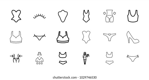 Sexy icons. set of 18 editable outline sexy icons: animal fang, panties with heart, slim, eyelashes, casino girl, sport bra, corset, swim suit