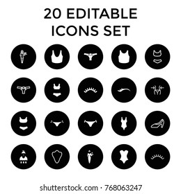 Sexy icons. set of 20 editable filled and outline sexy icons such as panties with heart, eyelashes, sport bra, swim suit, animal fang, slim, casino girl, woman shoe