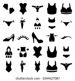 Sexy icons. set of 25 editable filled sexy icons such as panties with heart, slim, eyelashes, casino girl, sport bra, corset, swim suit, woman shoe