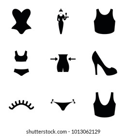 Sexy icons. set of 9 editable filled sexy icons such as panties with heart, slim, eyelashes, corset, sport bra, casino girl, swim suit