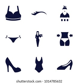 Sexy icons. set of 9 editable filled sexy icons such as panties with heart, casino girl, sport bra, swim suit, woman shoe, slim