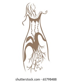 A sexy lady behind a robe of a flying bird with flowers and root below it.
