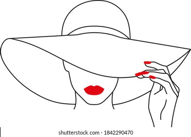 Mujer sexy en un sombrero con labios y uñas rojos, archivo digital para tu camiseta, diseño de tazas