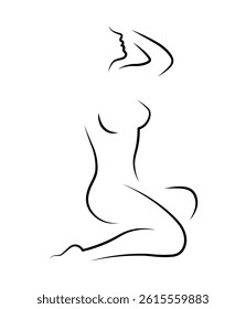 sexy lady sitting in seductive pose with big open breasts. woman silhouette. contour drawing of beautiful female figure. female image for spa or beauty salon advertising
