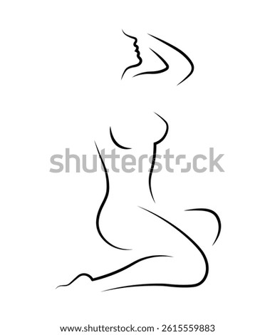 sexy lady sitting in seductive pose with big open breasts. woman silhouette. contour drawing of beautiful female figure. female image for spa or beauty salon advertising