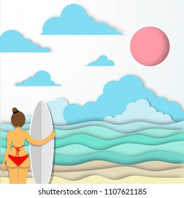 Sexy lady and wave board, red bikini, beautiful beach paper art style vector illustration