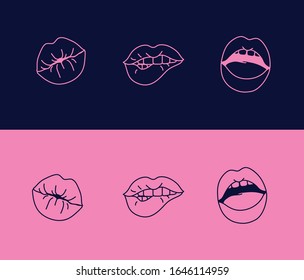 Sexy lines lips set, pink and dark erotic background, kiss