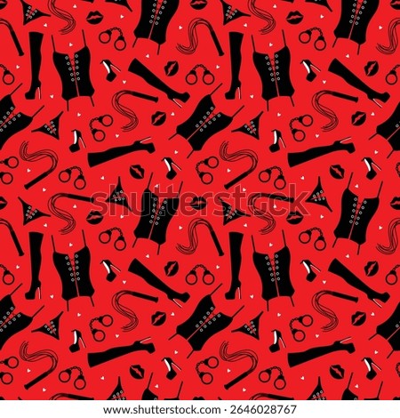 Sexy lingerie and accessories seamless pattern on red background. Bold red background with corsets, heels and romantic items. Sensual seamless pattern with fashion icons and accessories