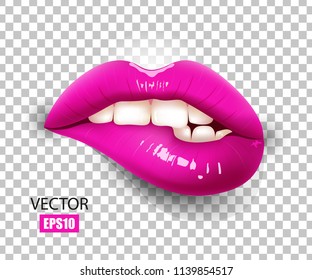Sexy lips, bite one's lip, female lips with fuchsia lipstick isolated on transparent background. 3D effect. Vector illustration. EPS10