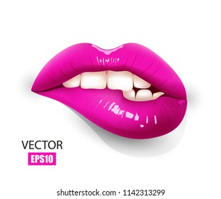 Sexy Lips, Bite One's Lip, Female Lips With Fuchsia Lipstick Isolated On White Background. 3D Effect. Vector Illustration. EPS10