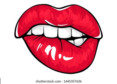 Sexy lips, bite one's lip. Lips Biting. Female lips with red lipstick. Sketch style. Vector illustration. EPS10