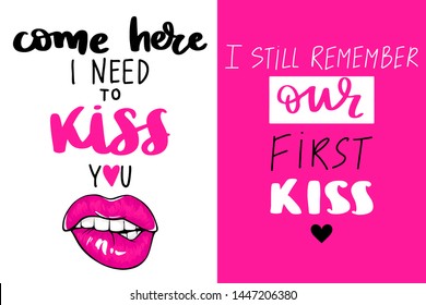 Sexy lips, bite one's lip. Fashion cards. Quotes about kisses. Female lips with fuchsia lipstick. Sketch style. Vector illustration. EPS10