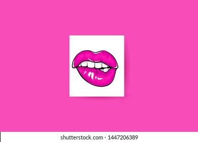 Sexy lips, bite one's lip. Lips Biting. Female lips with fuchsia lipstick. Sketch style. Vector illustration. EPS10
