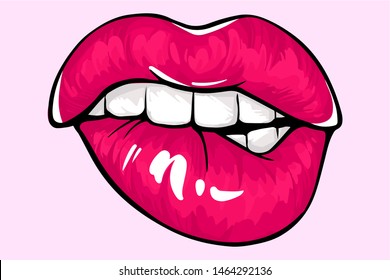 Sexy Lips, Bite One's Lip. Lips Biting. Female Lips With Fuchsia Lipstick. Sketch Style. Vector Illustration. EPS10