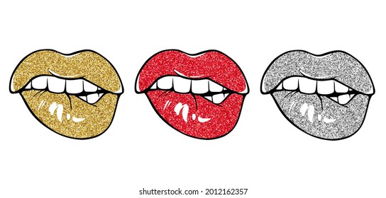 Los labios sexys, muerden los labios. Lips Biting. Los labios femeninos con lápiz labial rojo, dorado y plateado. Estilo de esbozo. Ilustración vectorial aislada en blanco. EPS10