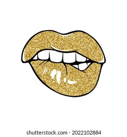Sexy lips, bite one's lip. Lips Biting. Female lips with golden glitter lipstick. Sketch style. Vector illustration isolated on white. EPS10