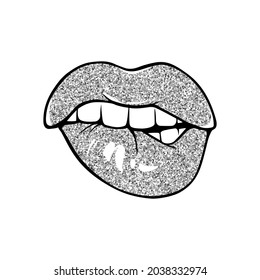 Sexy lips, bite one's lip. Lips Biting. Female lips with silver glitter lipstick. Sketch style. Vector illustration isolated on white. EPS10