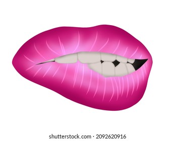 Sexy lips, bite one's lip, female lips with pink  lipstick isolated on white  background. Vector illustration.