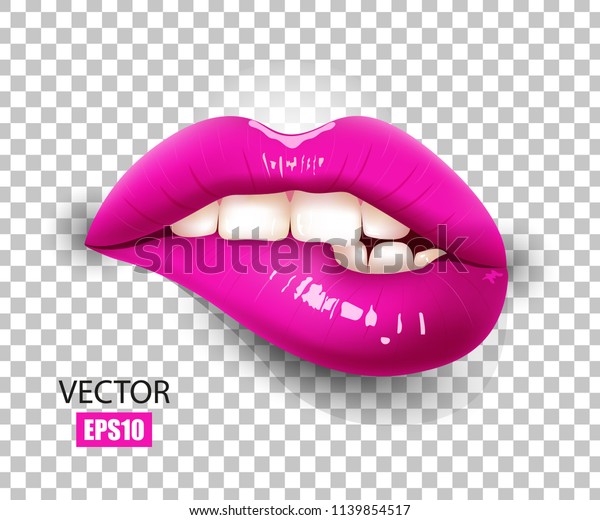 Sexy lips, bite one\'s lip, female lips with fuchsia\
lipstick isolated on transparent background. 3D effect. Vector\
illustration. EPS10