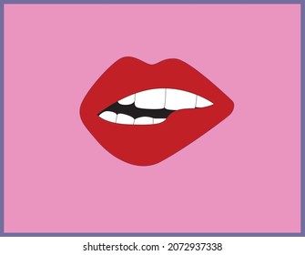 Sexy lips, bite your own lips. Beautiful girlish lips. Women's lips with makeup.