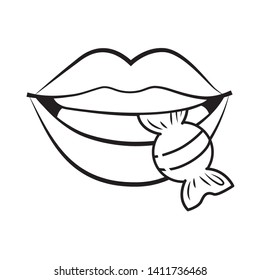 sexy lips biting a candy black and white