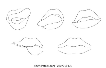 Sexy Lips Clipart Outline On White. Vector Illustration Women's Mouths. Lips Emotions For Stickers