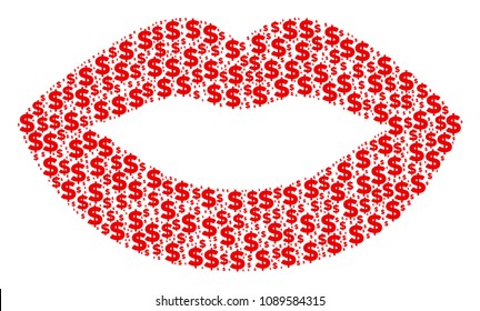 Sexy lips collage of dollars and spheric spots. Vector banking icons are organized into sexy lips shape.