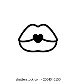 Sexy lips drawn by one black line, female beautiful close mouth with heart, drawn by one black line