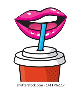 sexy lips drinking soda vector illustration