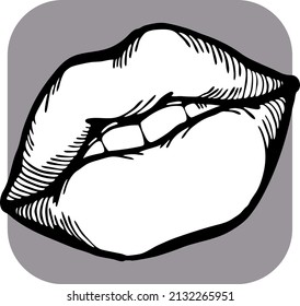 Sexy Lips Emotions. Beautiful Mouth With Red Lipstick. Isolated Fashion  Illustration. Kissing Lips. For Cosmetic Make Up Products. Hand Drawn Retro Vintage Old Style Vector Illustration.