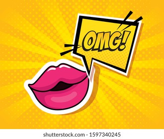 sexy lips with expression omg in speech bubble pop art style vector illustration design
