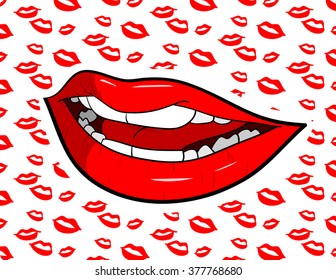 Sexy Lips, a hand drawn vector illustration of sexy lips over lips-patterned background (editable).